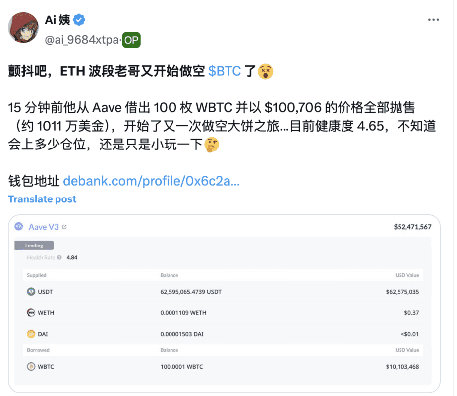 84%胜率波段巨鲸抛售以太币，千万美元布局比特币空头仓位