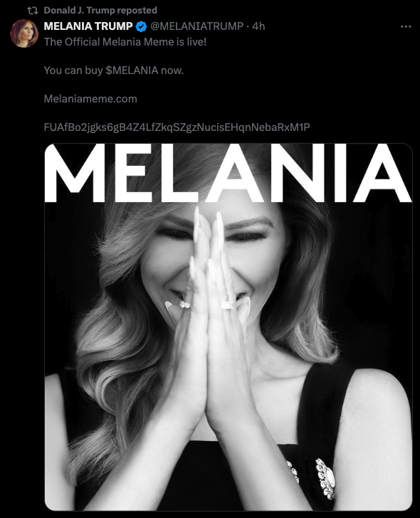川普夫人加入炒币行列力推迷因币$MELANIA，社群不满情绪高涨