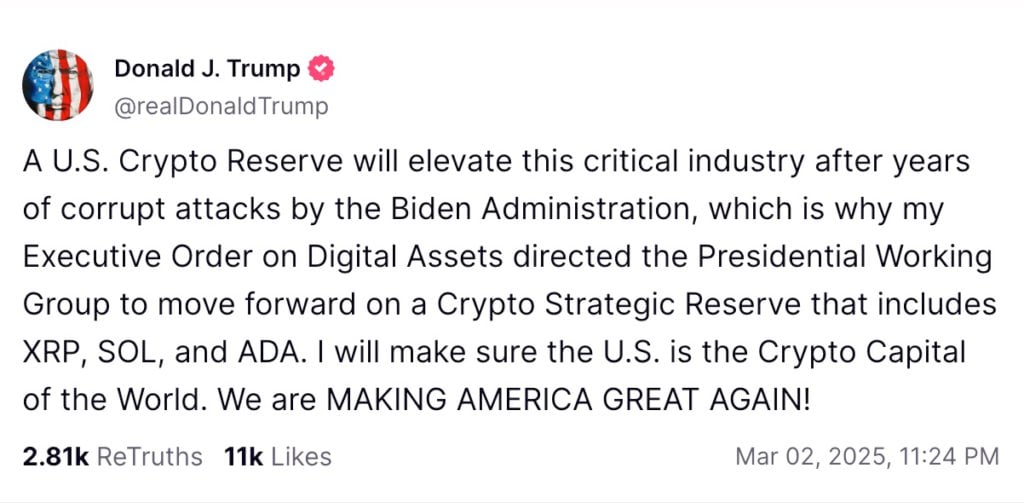 川普力推XRP、SOL、ADA入战略储备，市场狂涨！比特币突破8.9万美元大关
